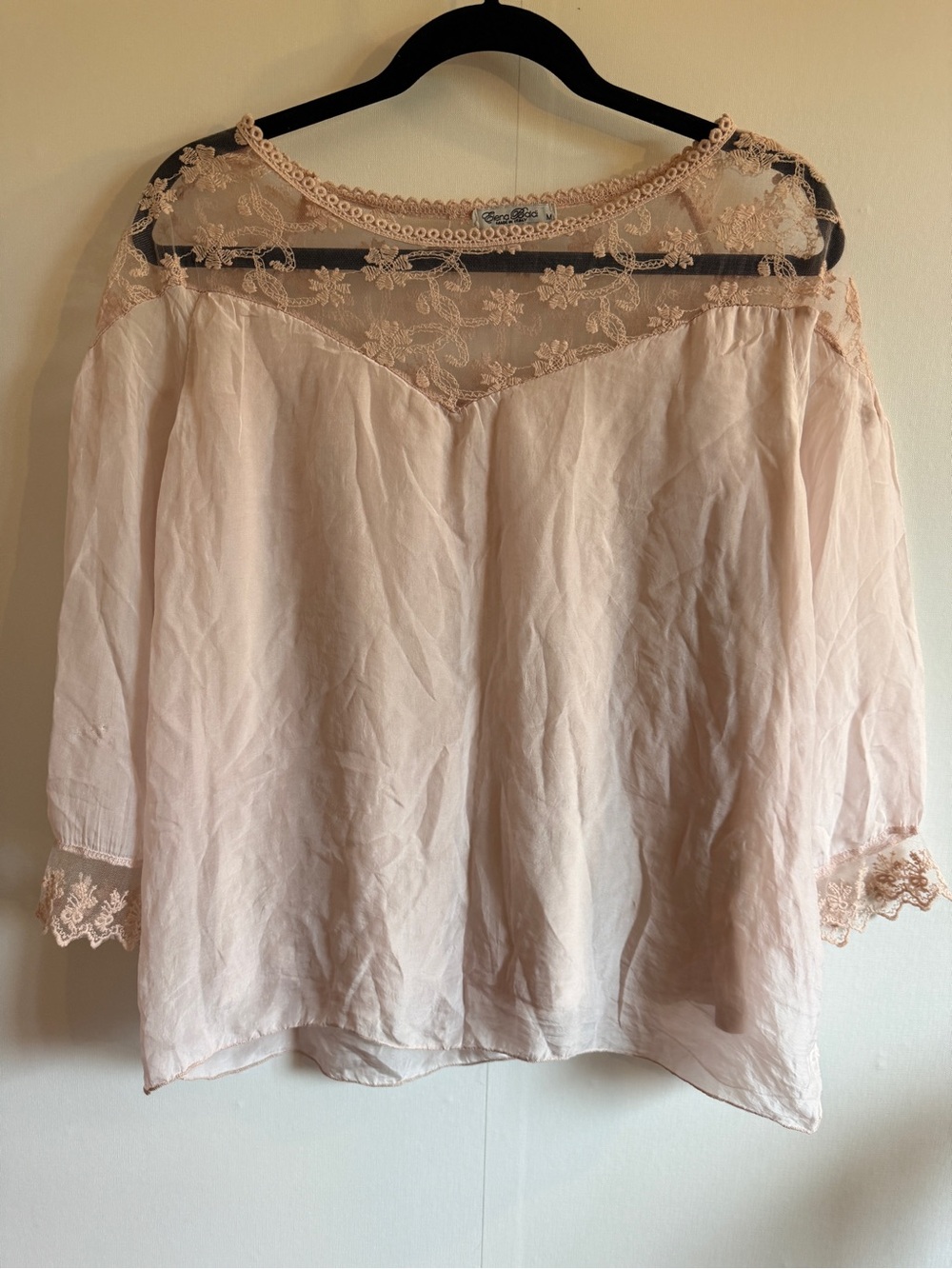Elena Baldi Italian Silk Lace Blouse Pink Romantic Boho Top Medium